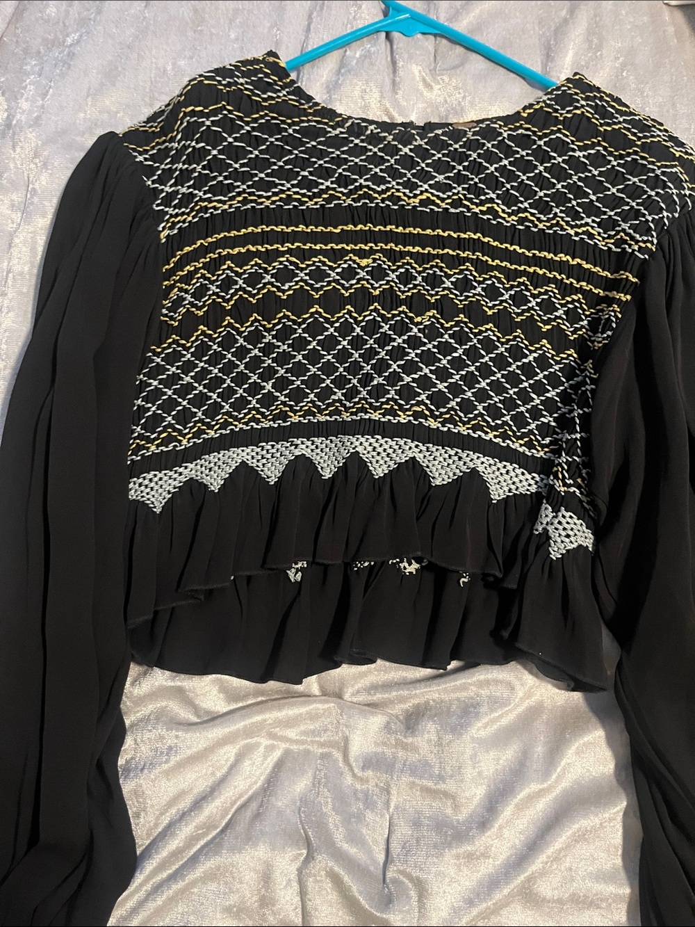 Free People Black Embroidered Long-Sleeve Cropped Blouse - Picture 2 of 2